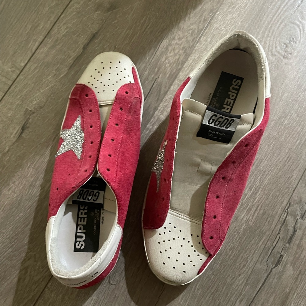 Golden Goose White and Pink Superstar Slip-On Sneakers